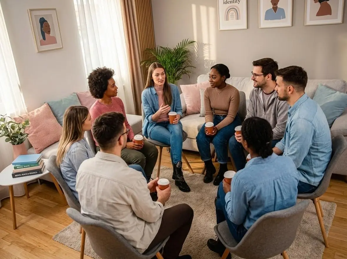 A group sitting in a circle with warm drinks in a living room