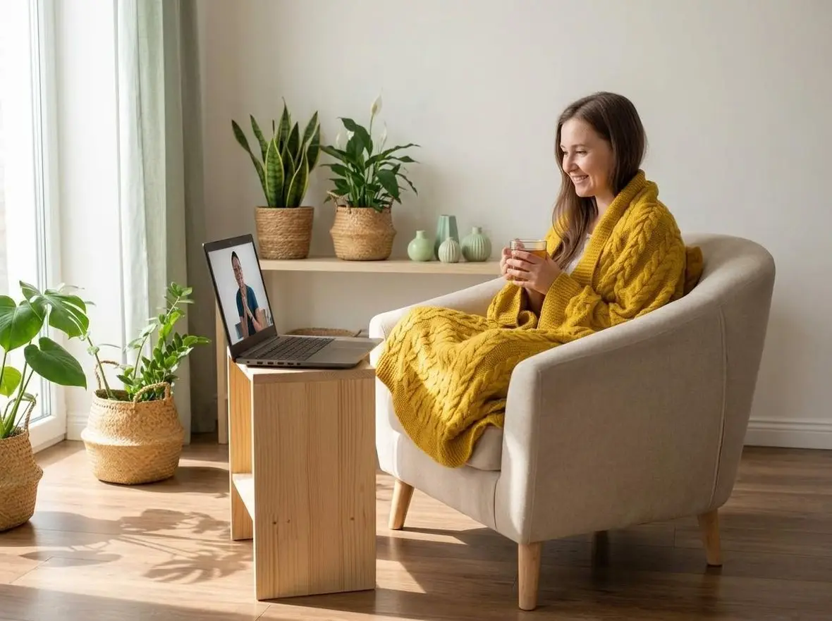 A woman wrapped in a yellow blanket sitting in an armchair during a video appointment