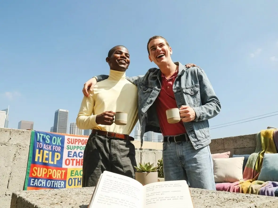 Two people standing together outdoors with coffee, supportive posters behind them