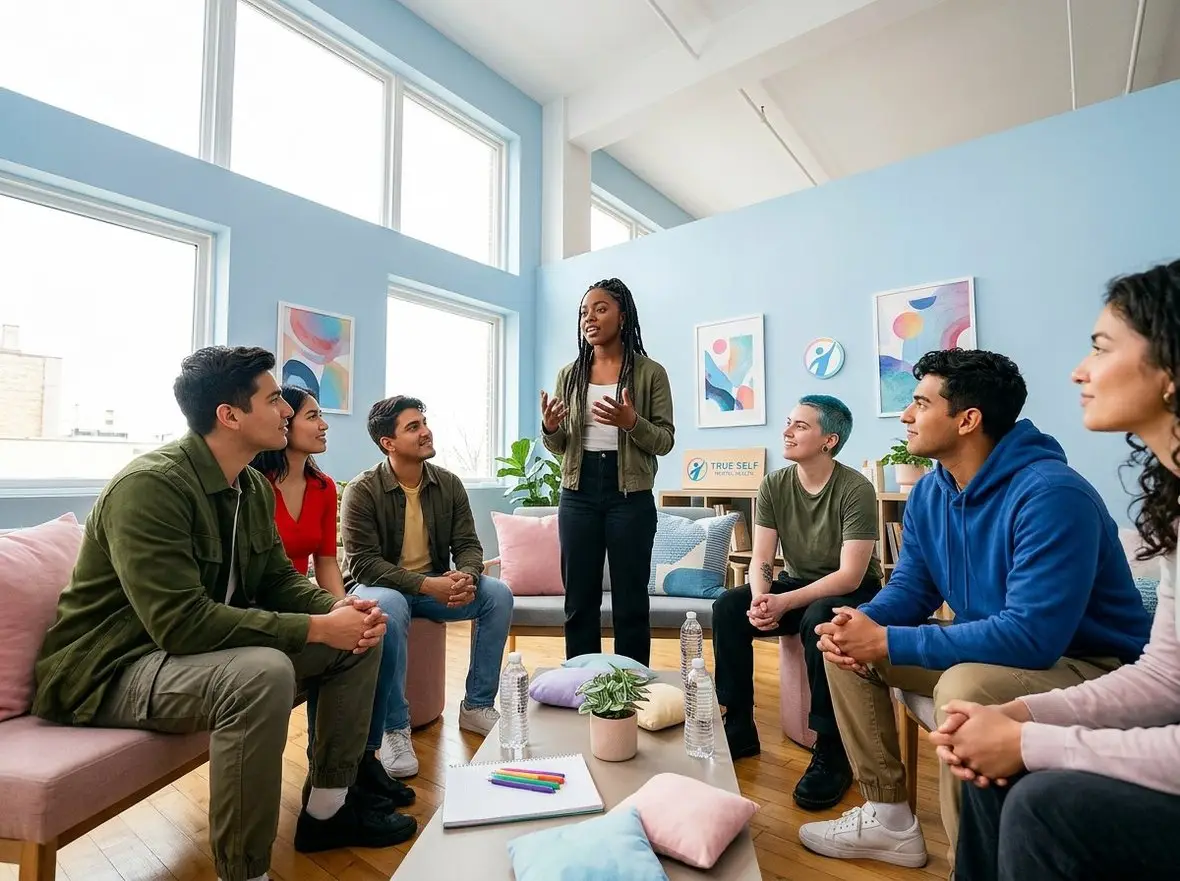 A group sitting in a circle while a facilitator speaks