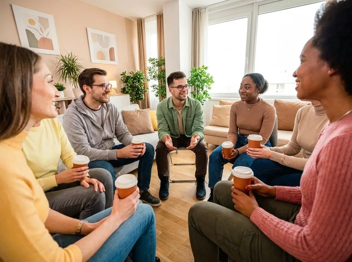 A group of people talking with drinks in a living room