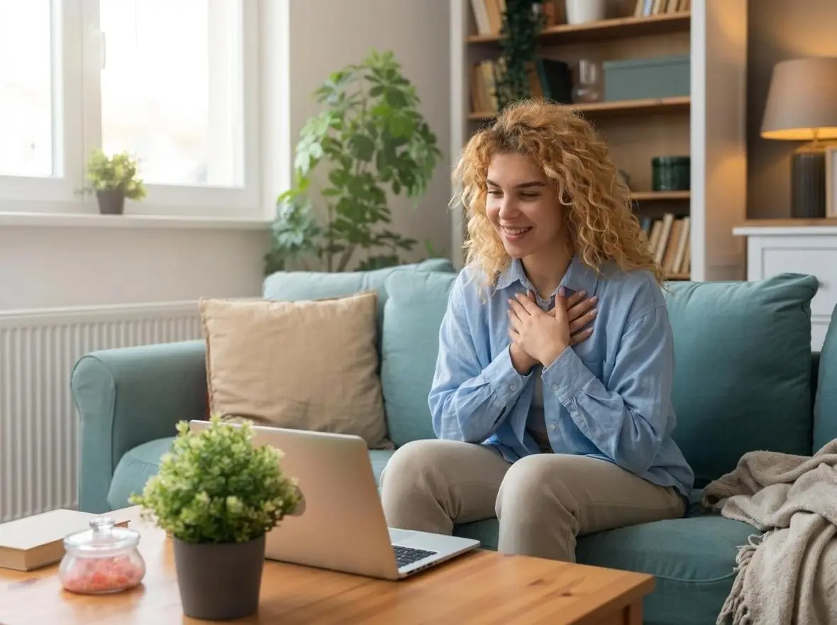 A woman on a sofa with her hand on her chest during a video call