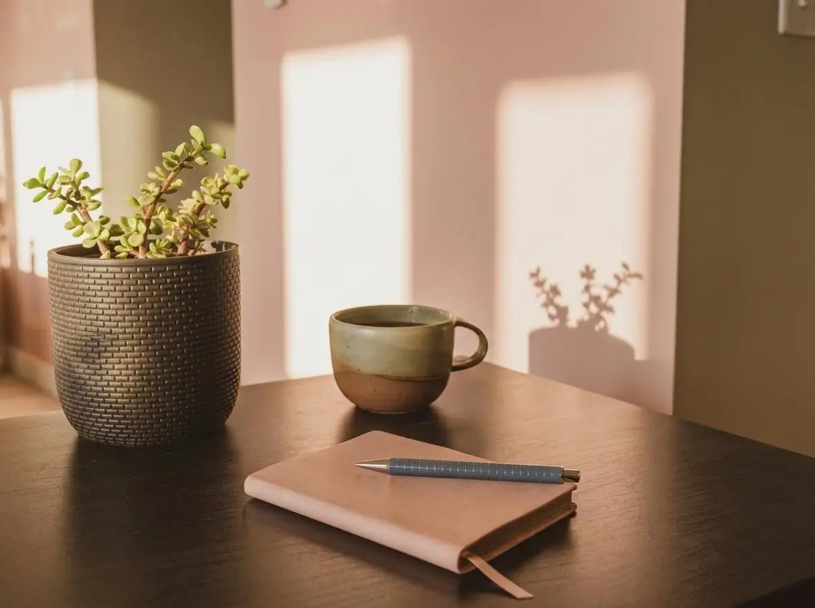 A potted plant, notebook and mug on a table in warm afternoon light
