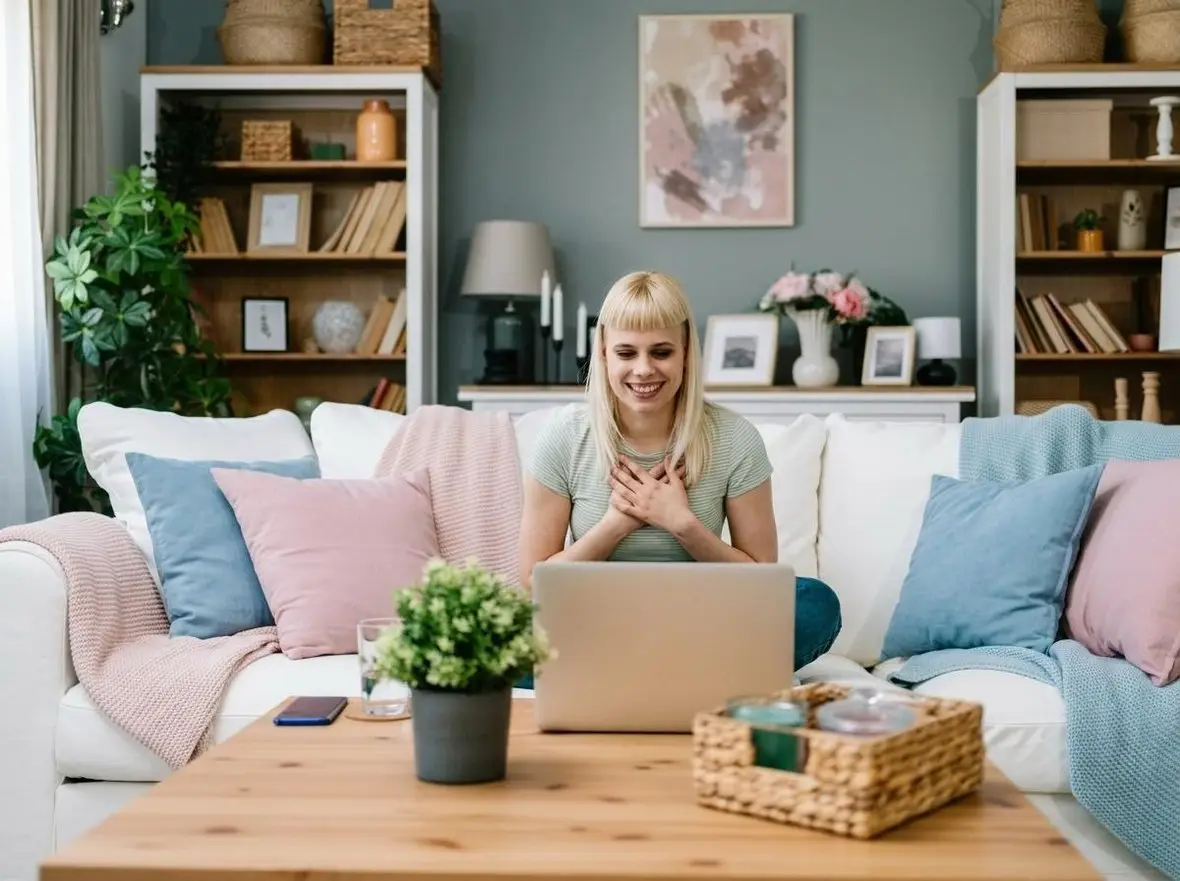 A person smiling during a video appointment from a living room sofa