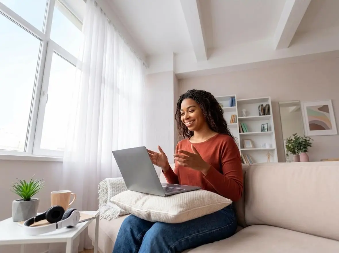 A person gesturing during a laptop video appointment beside a window
