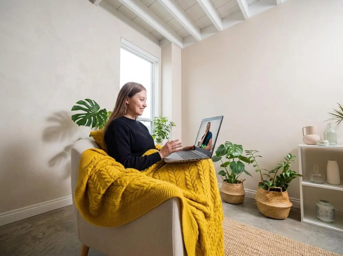 A person on a video appointment, wrapped in a yellow blanket