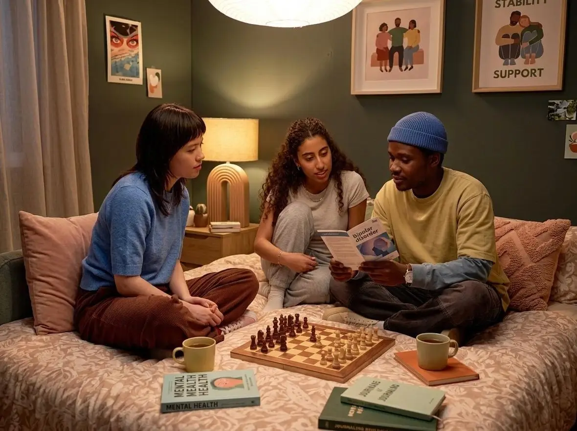 Three friends sitting on floor cushions playing a board game