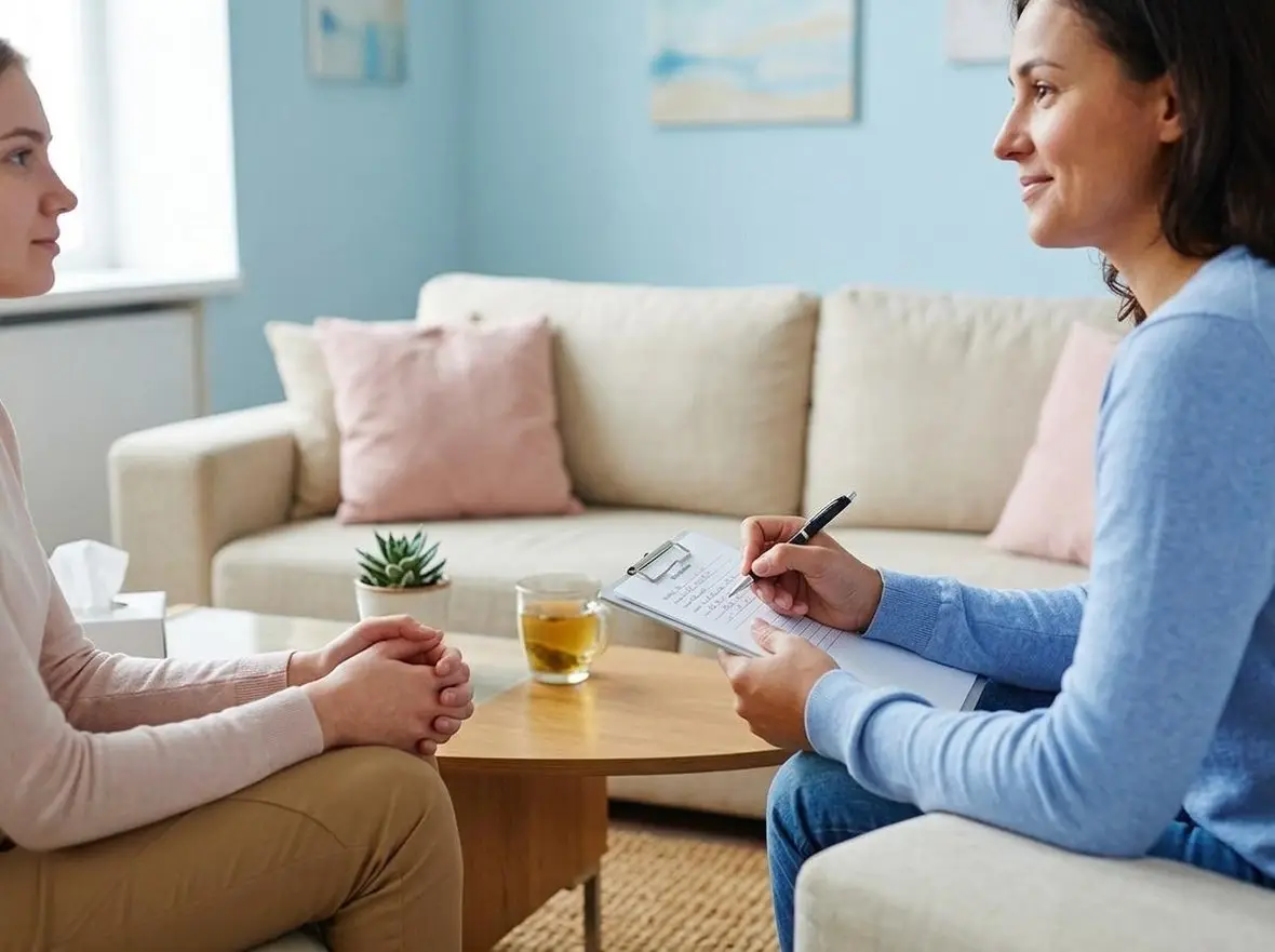 A clinician writing notes while two clients talk