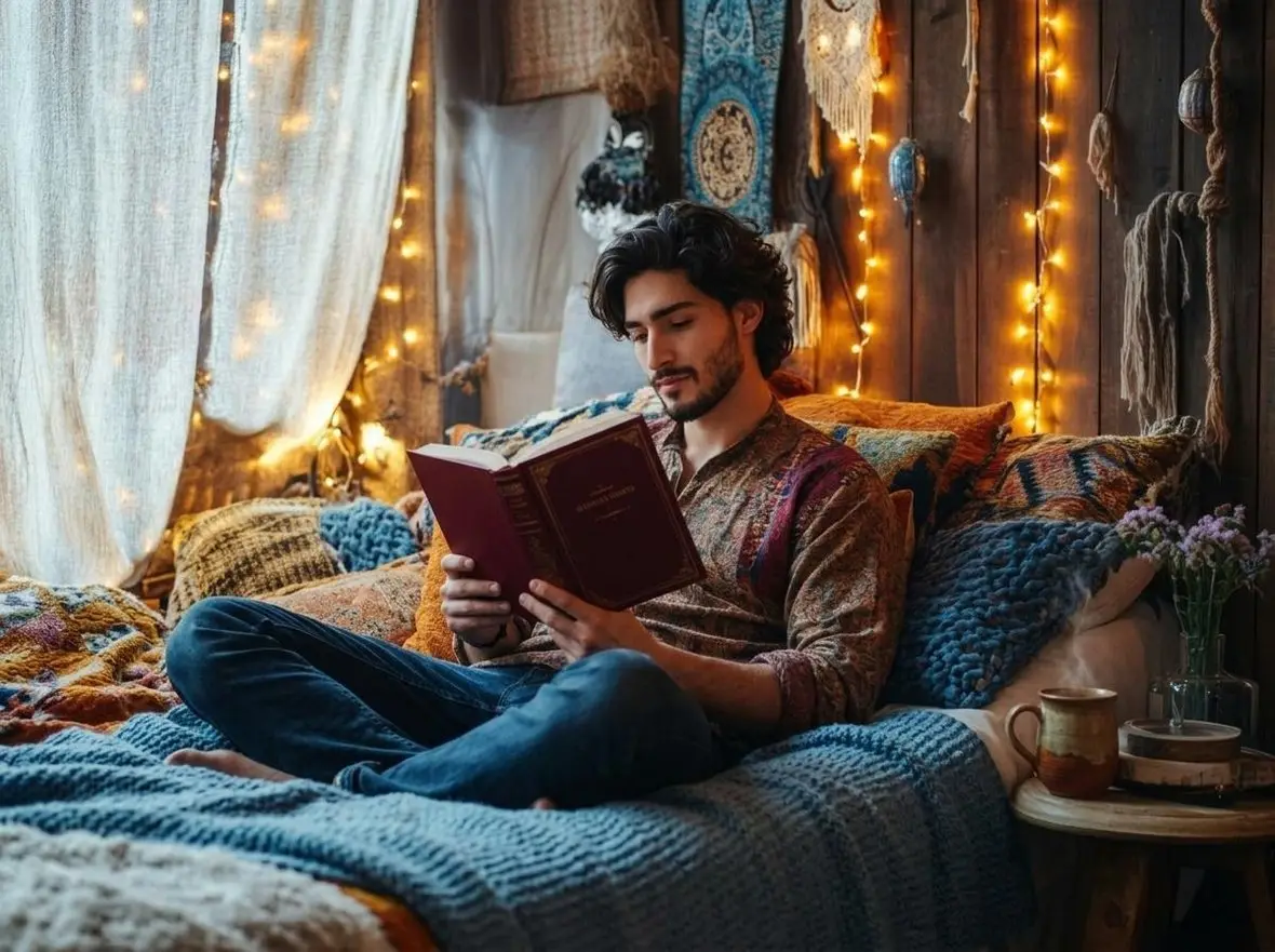 A person reading a book on a bed beneath string lights