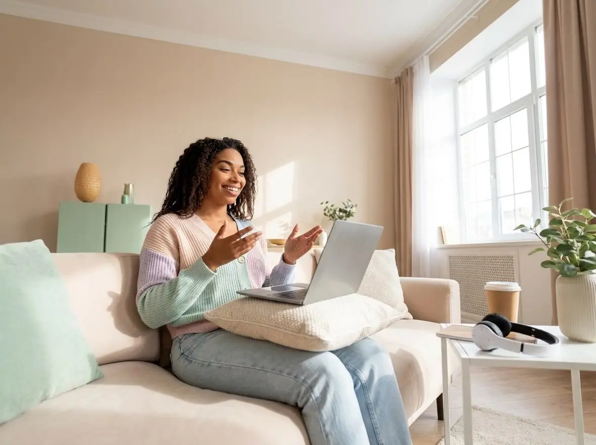 A person gesturing during a video appointment from a sofa