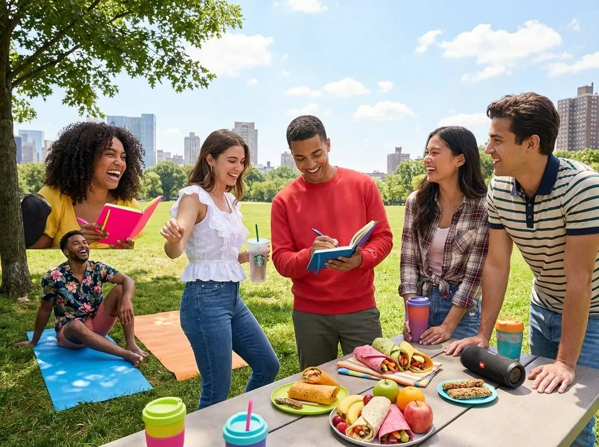 A group of friends with notebooks at a picnic in a park