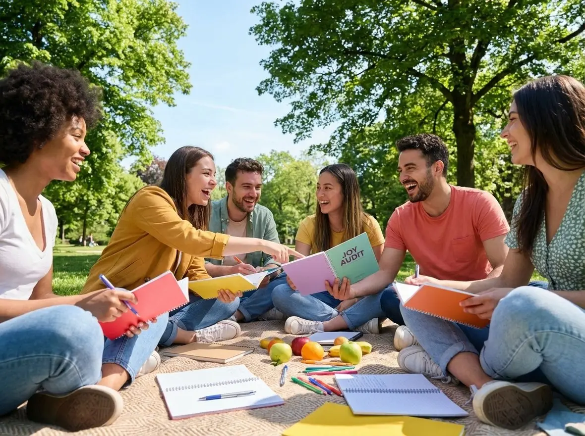 A group sitting on a blanket in a park with notebooks