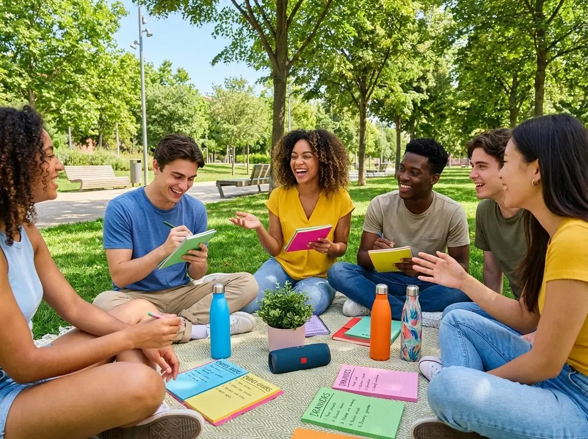 Friends talking together on the grass in a park