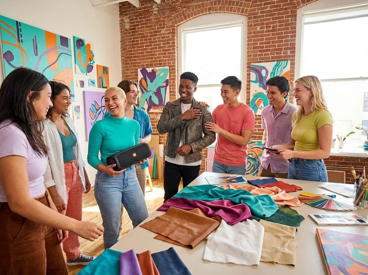 A group at a creative workshop with fabric and artwork spread across a table