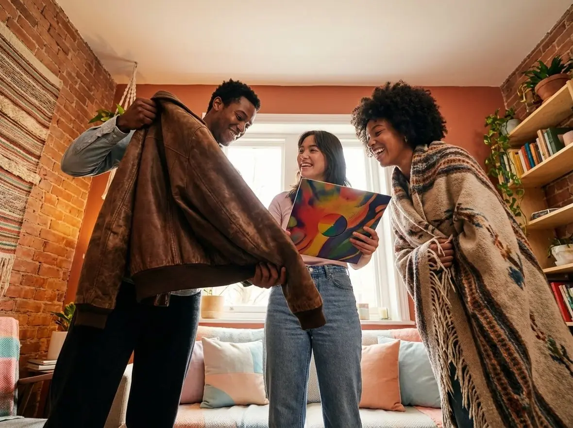 Two people holding up a coat and a piece of artwork in a warm room