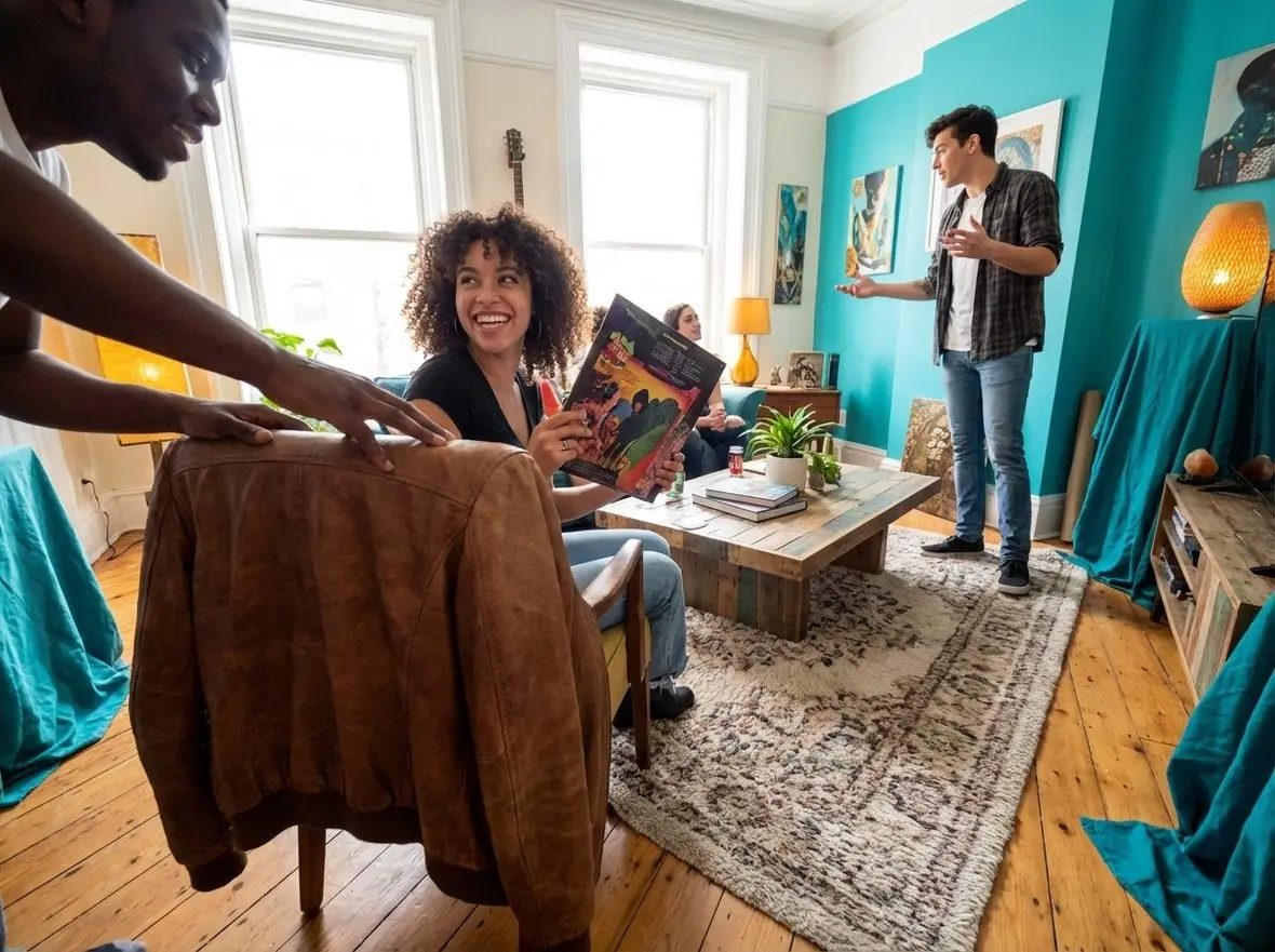 People looking at a coat draped over a chair in a colourful room