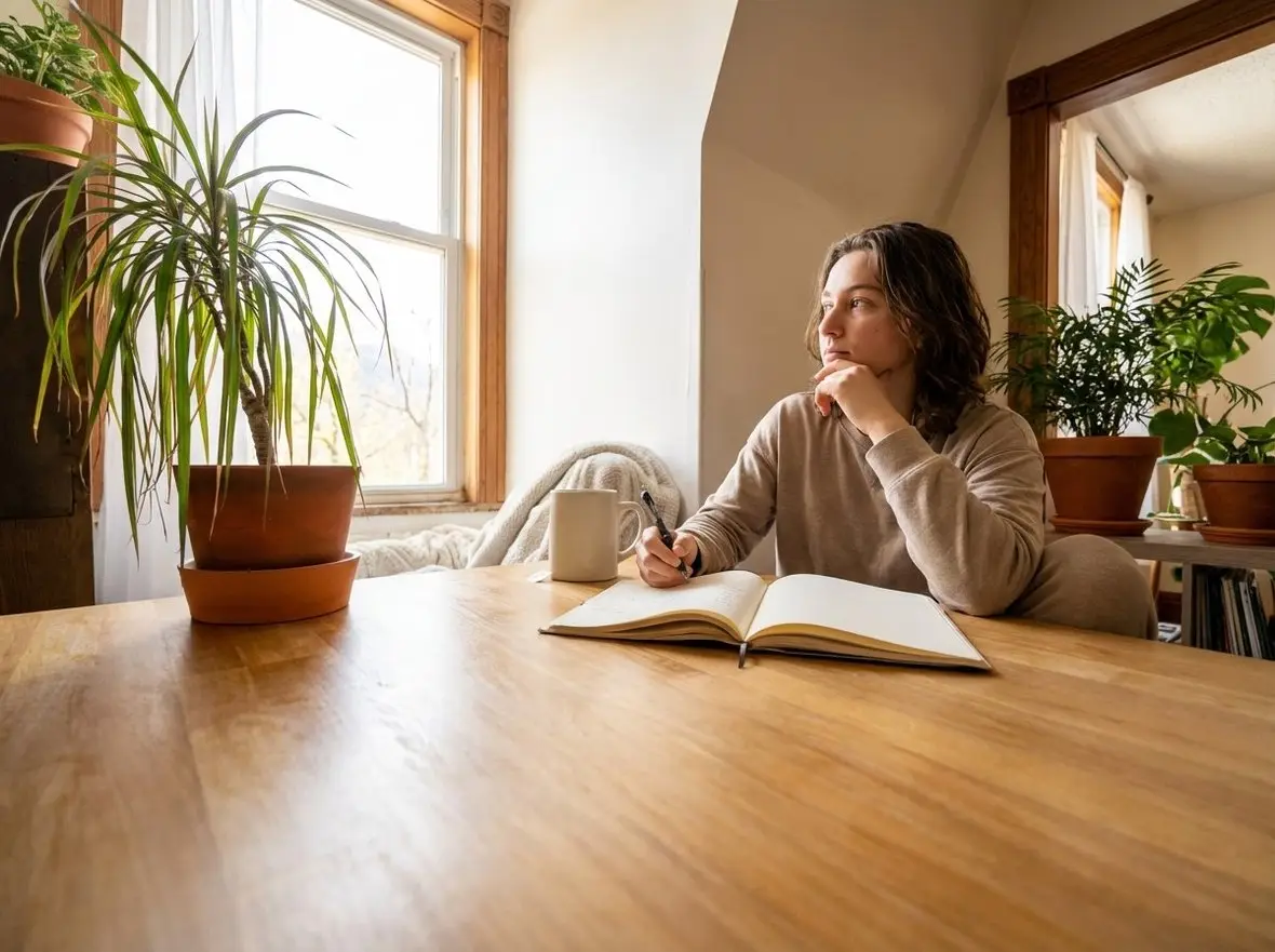 A person sitting at a table with an open notebook, looking out of a window