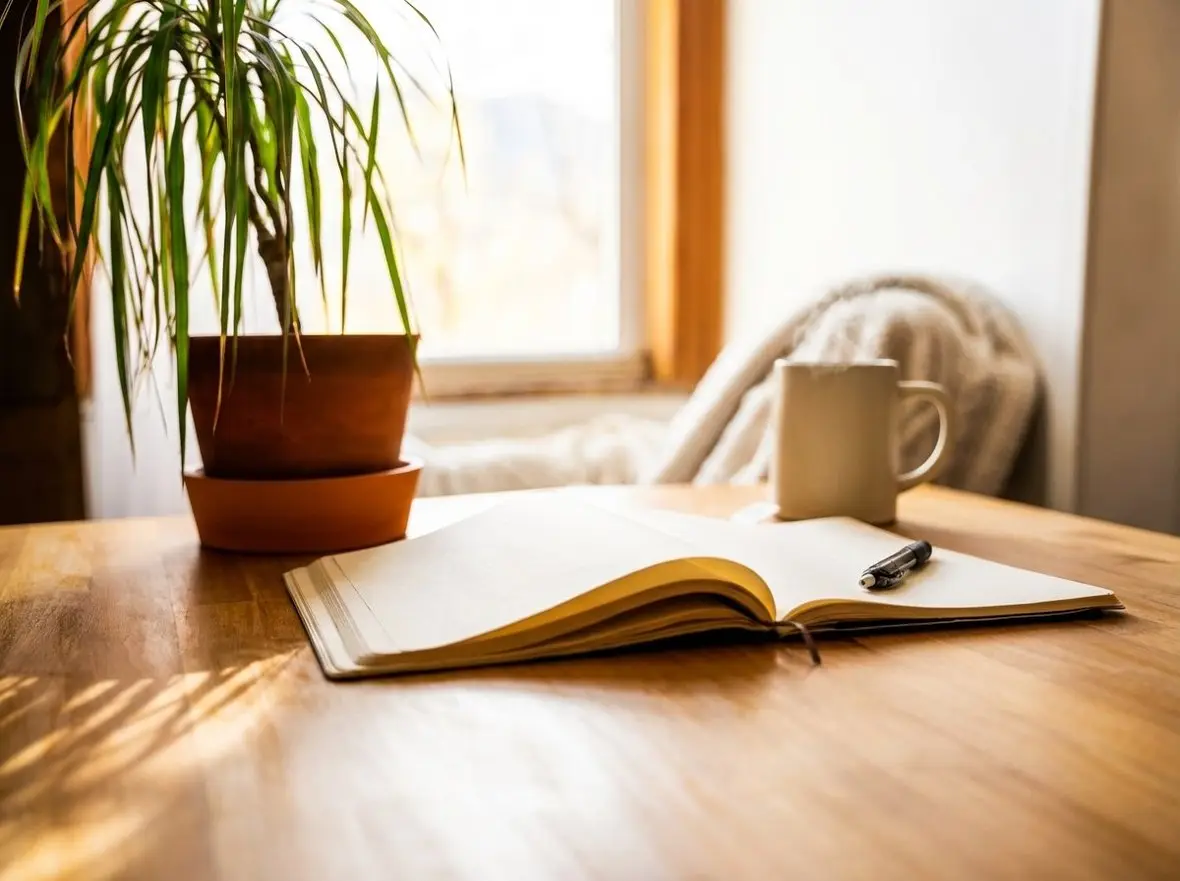 An open notebook and mug on a sunlit table