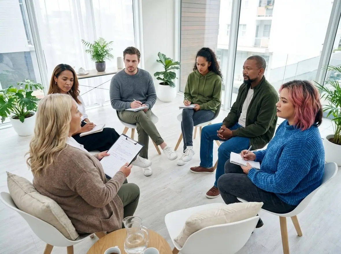 A group therapy session in a bright room