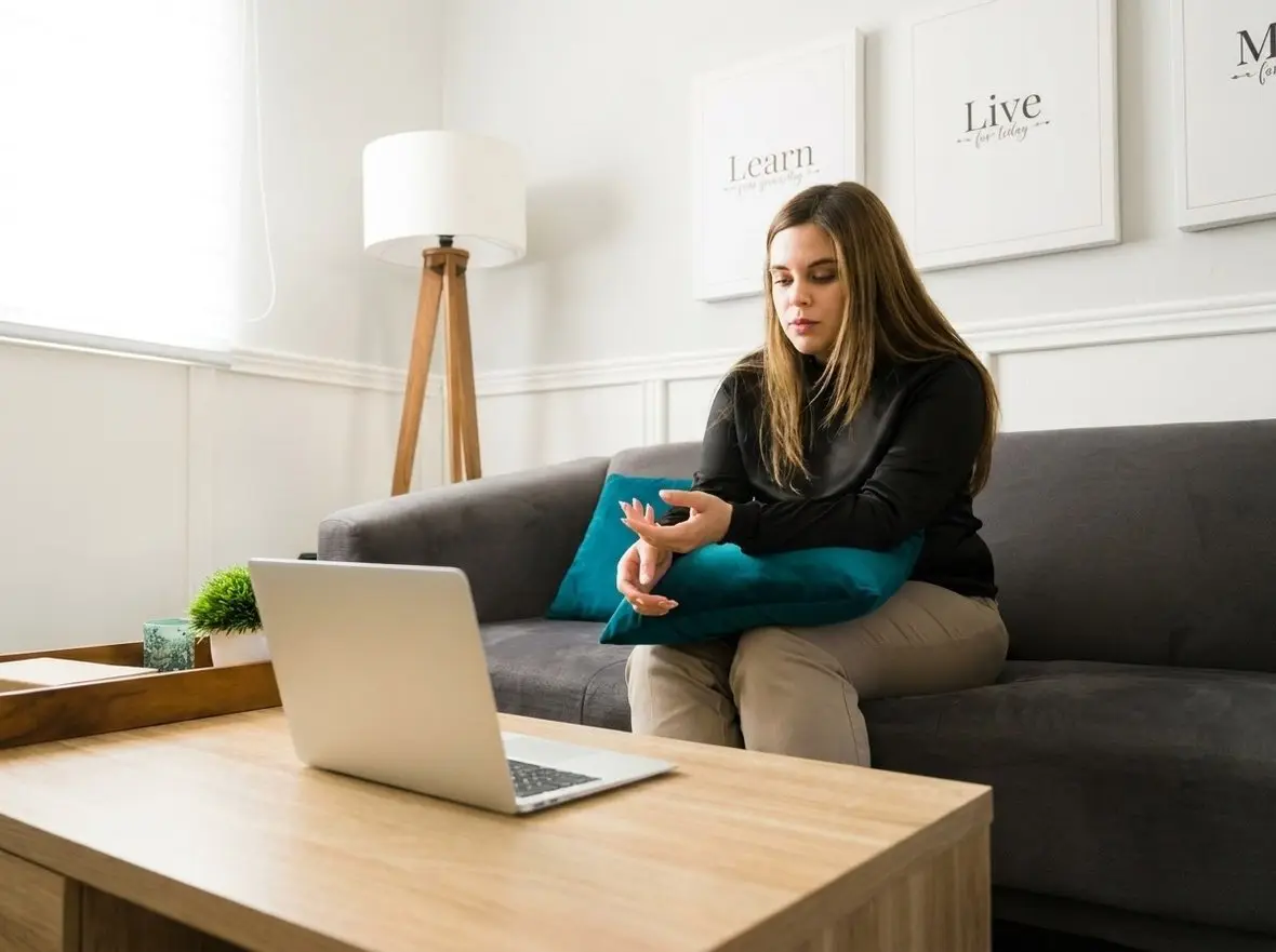 A person sitting on a sofa facing a laptop on the table