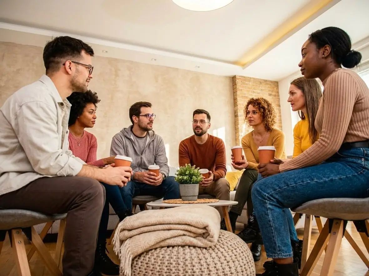 A group of people talking together in a living room