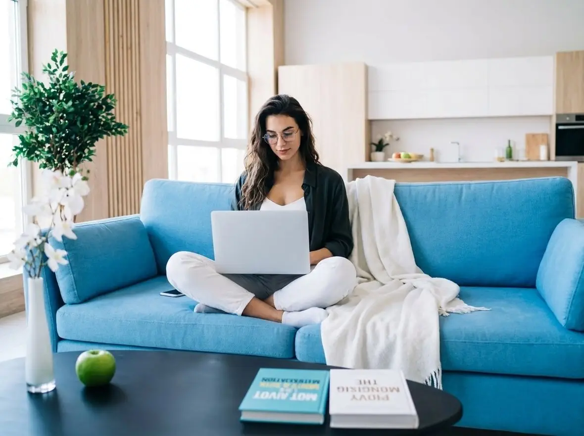A person using a laptop on a blue sofa
