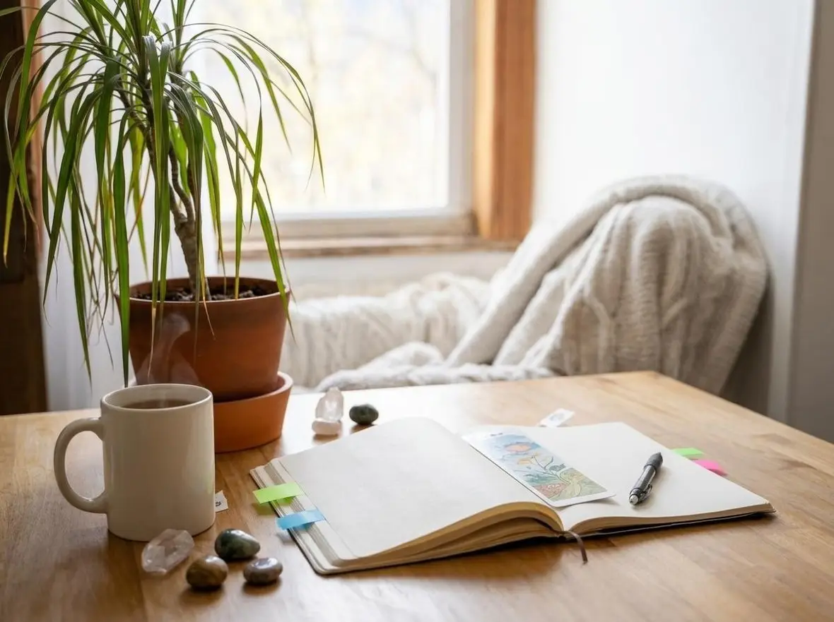 A notebook, pen and mug on a table beside a houseplant