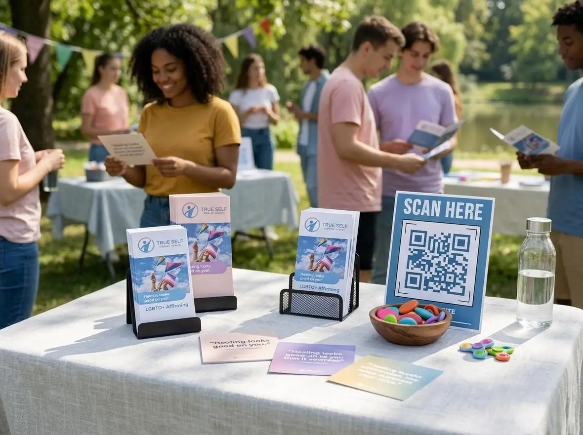 An outdoor information table with True Self Mental Health leaflets