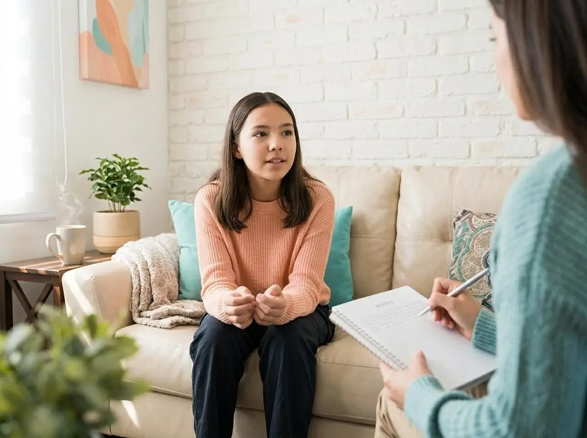 A person talking with a clinician who is taking notes