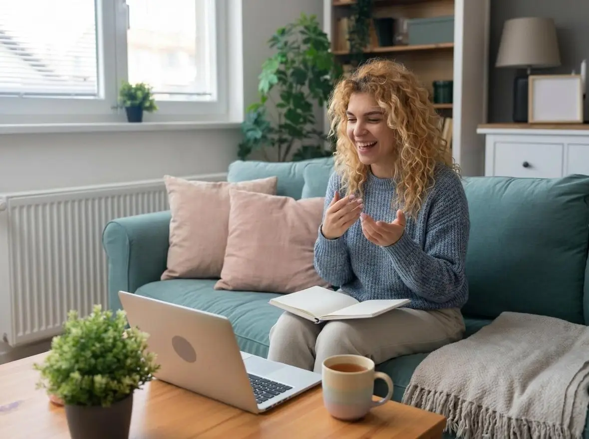 A woman sitting on a sofa talking during a video appointment