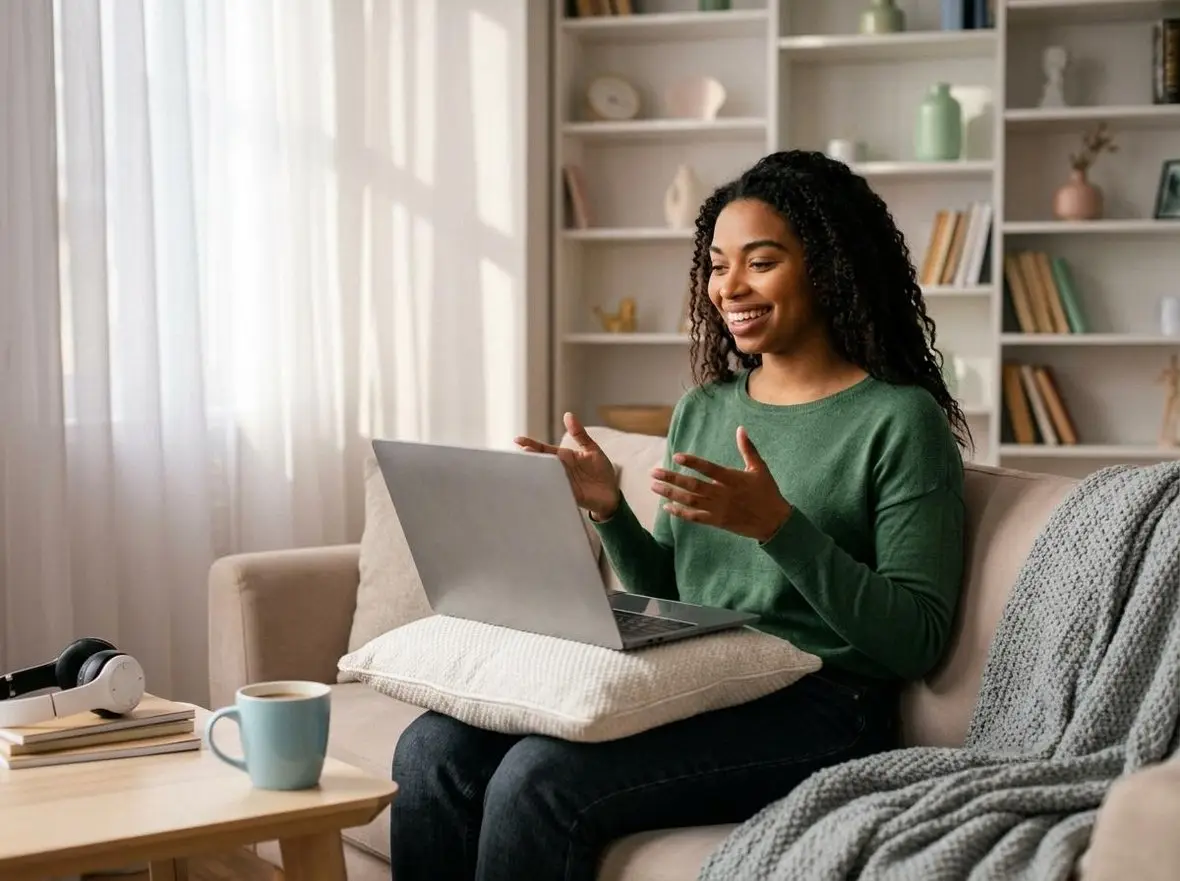 A woman sitting with a laptop during a video appointment