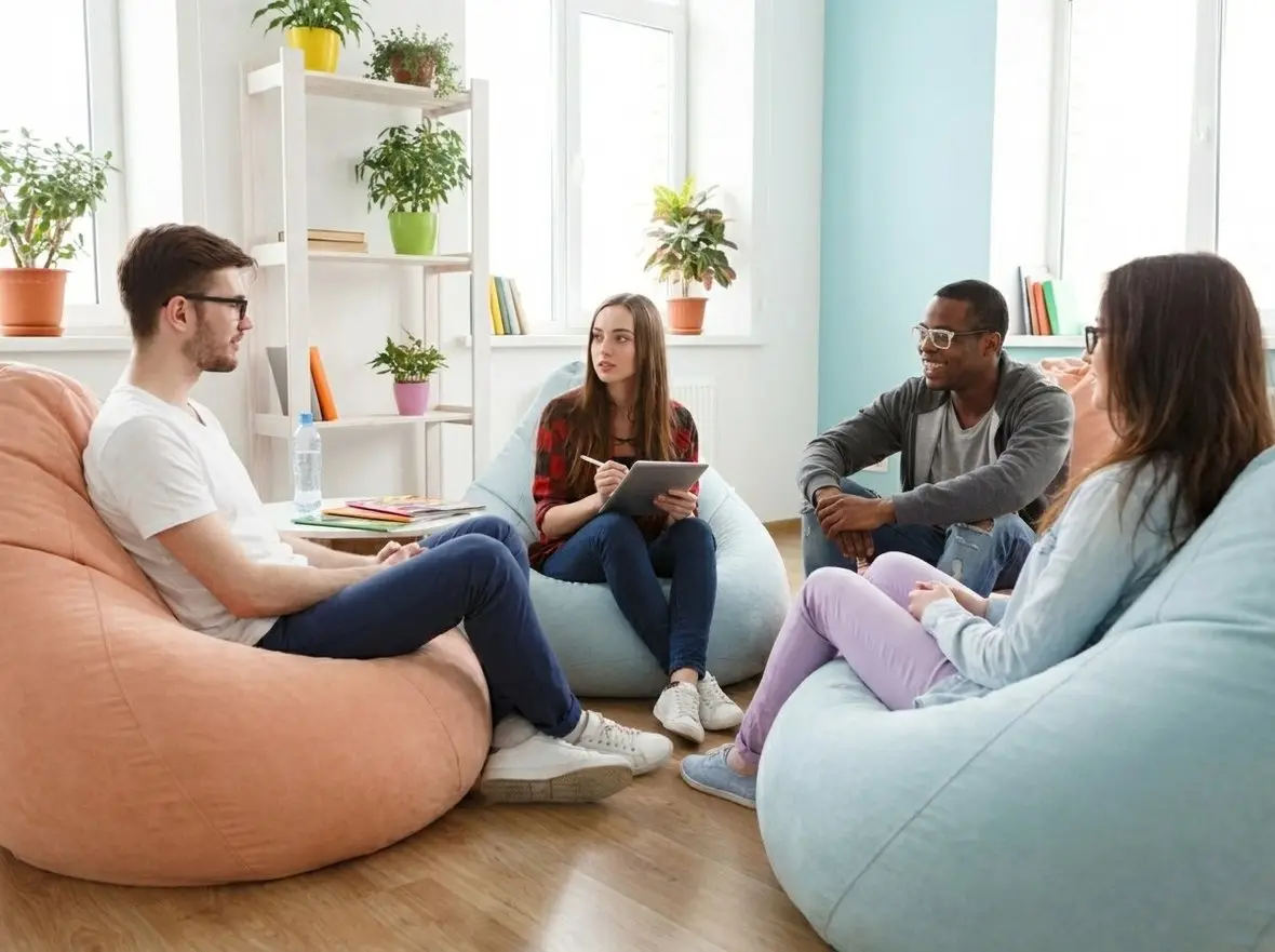 A group of people talking on bean bags in a bright room