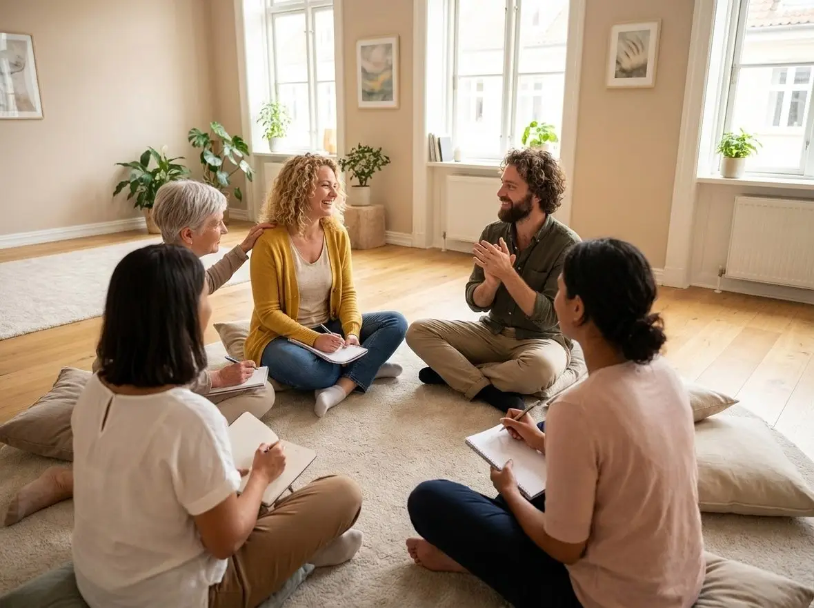 A group sitting on the floor talking in a bright room