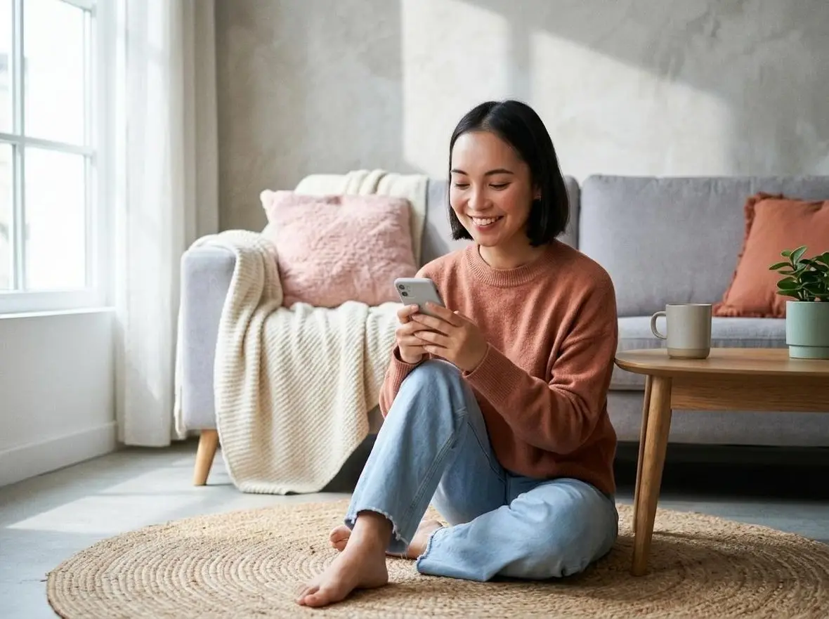 A person sitting on a rug at home, smiling at their phone