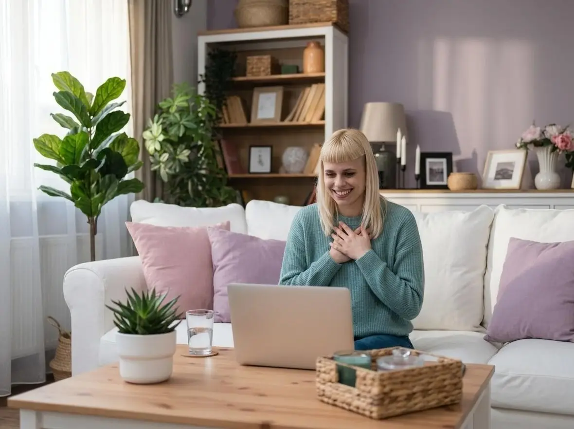 A person on a video appointment in a bright living room