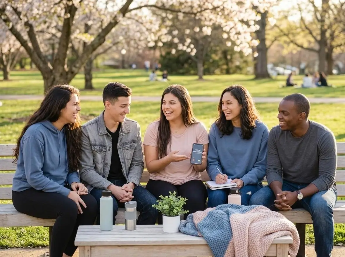 Friends talking together on a bench in a park in blossom