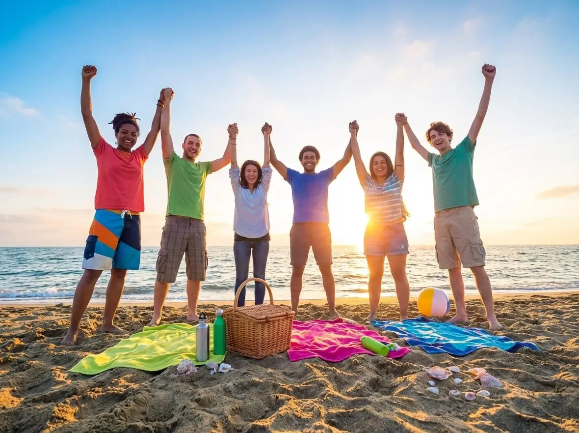 Friends with their arms raised on a beach at sunset