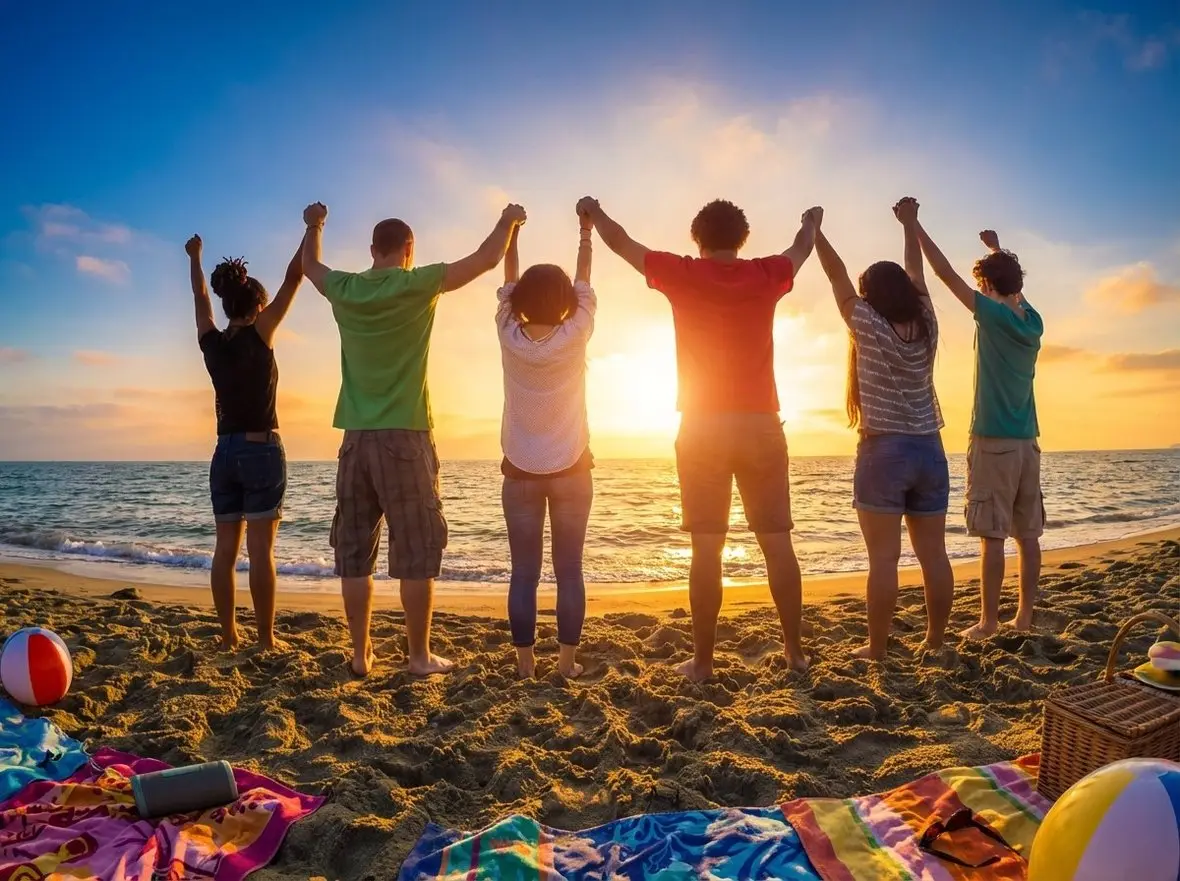 Friends holding hands in a line on a beach at sunset
