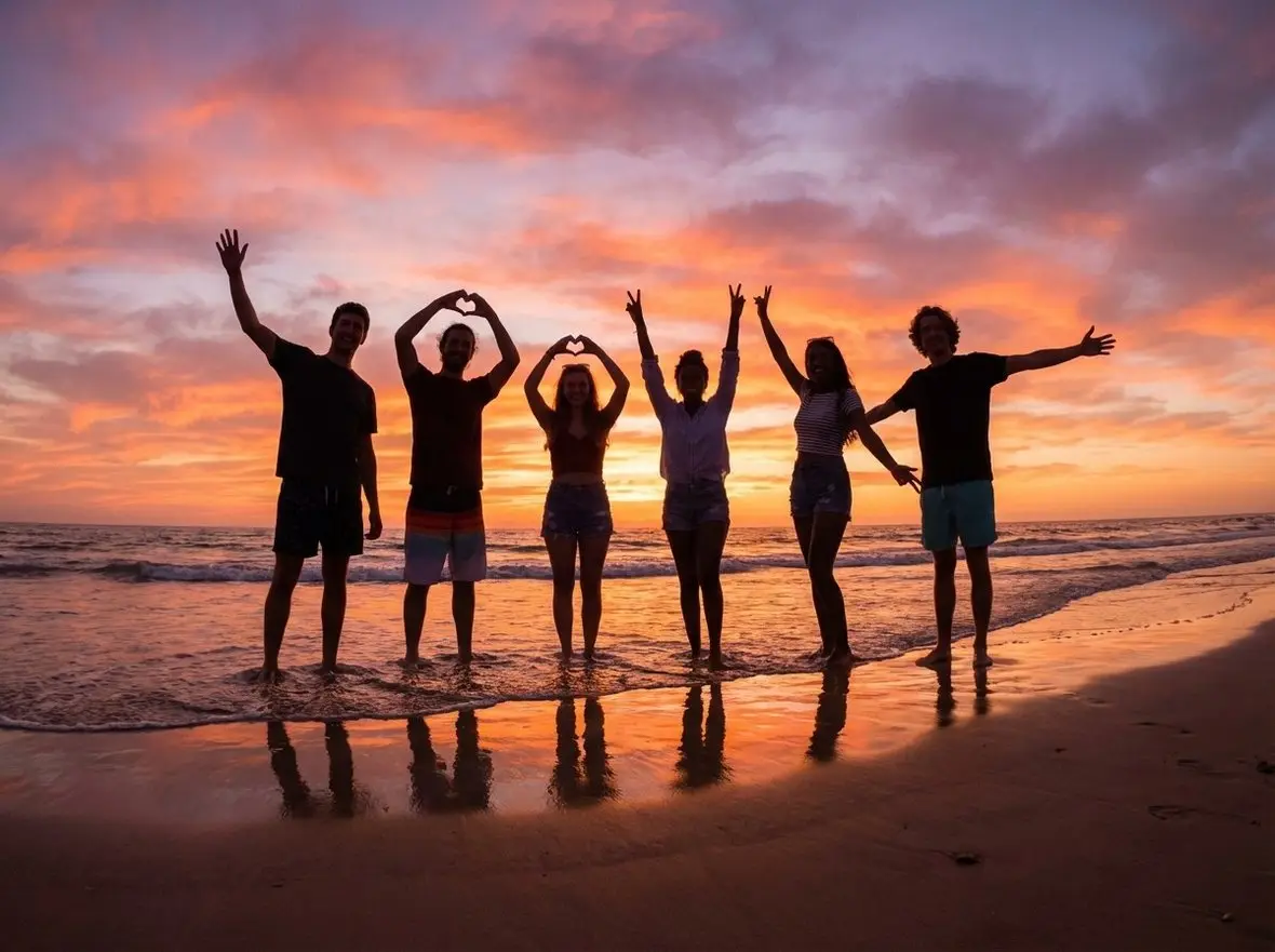 Silhouettes of friends celebrating on a beach at sunset